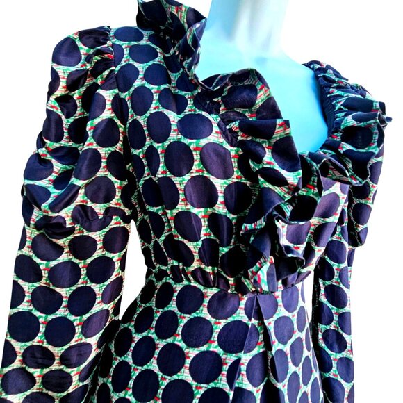 Tsumori Chisato Silk Ruffle Dress Navy Dot Print Size M Fits S Long Sleeve - Picture 2 of 16